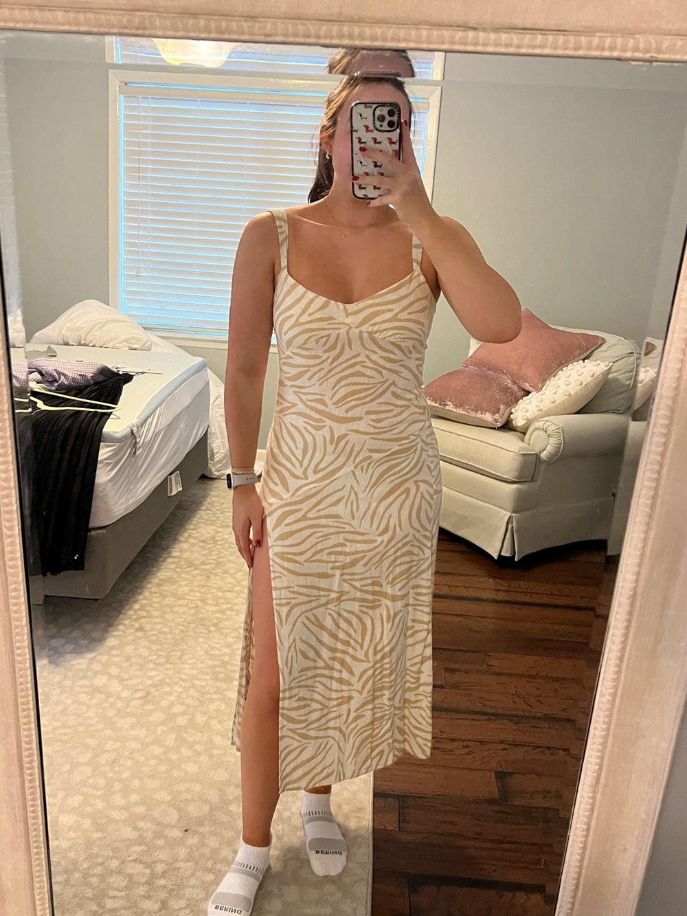 Zara Cream and Beige Animal-Print Midi Dress